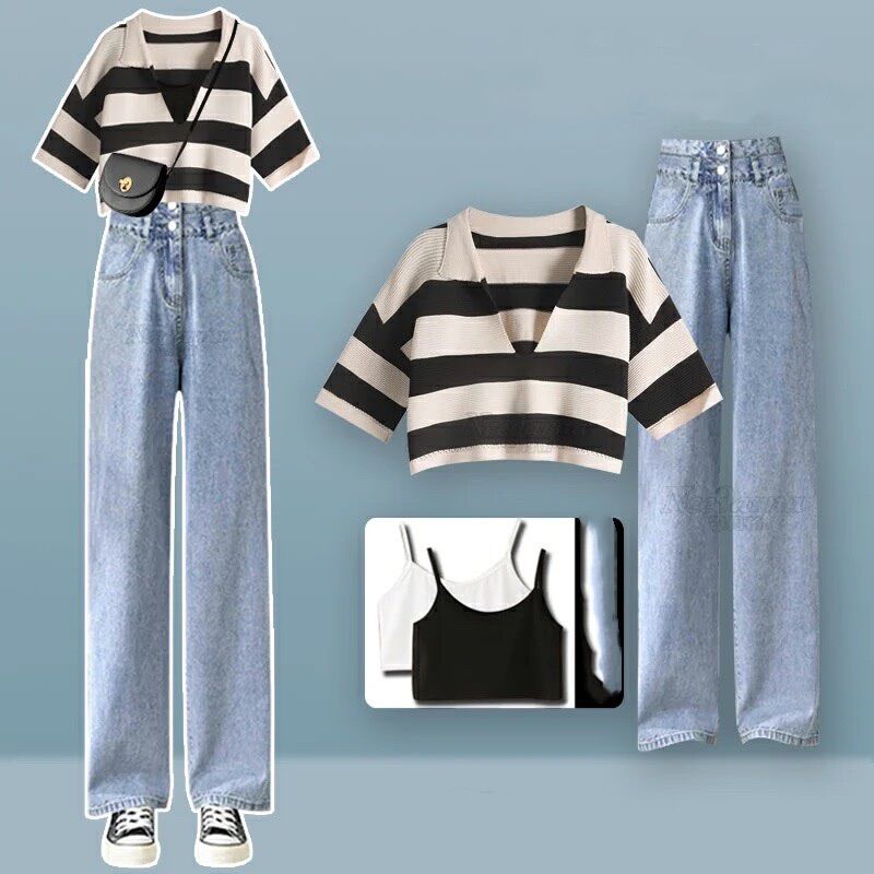 Set baggy jeans 2 nút ống suông + set 2món cổ bẻ sọc