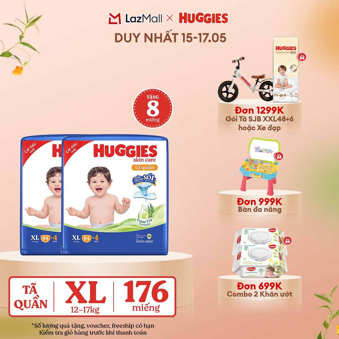 [CHỈ 15-17.05 GIẢM THÊM 90K]  Combo 2 Gói Tã/bỉm quần HUGGIES SKINCARE MEGA JUMBO size XL84+4 miếng