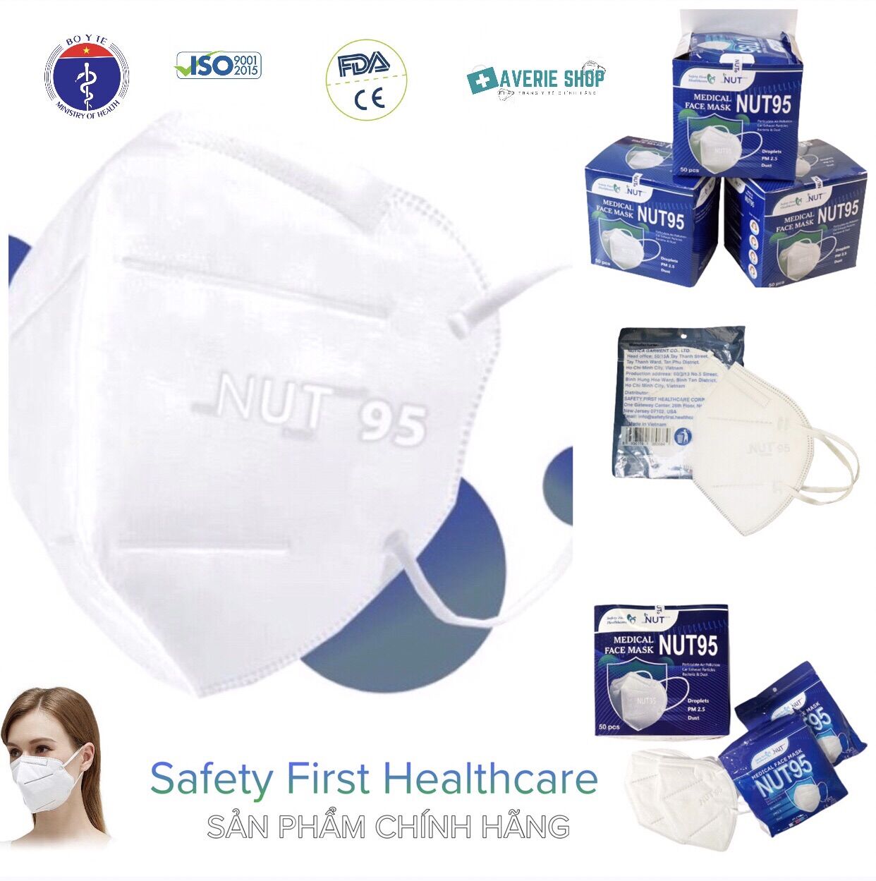 [Chính hãng]-Combo 30 cái 15 túi- Khẩu Trang N95 chính hãng 5 lớp chống dịch kháng khuẩn không mùi N95 - Khẩu trang Nut95 (N95) Safety First Healthcare -  Averie Shop