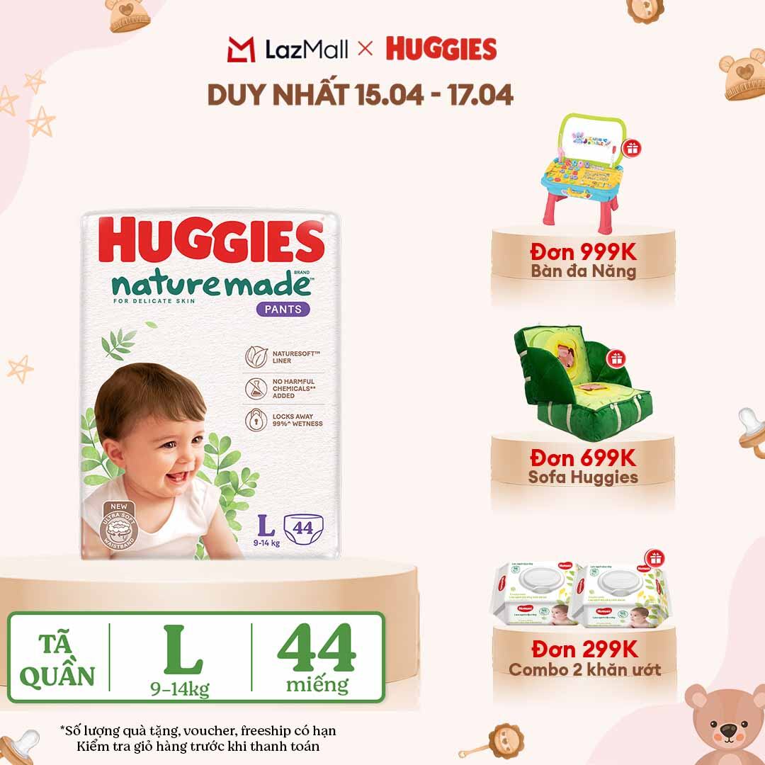 [CHỈ 18-24.04 QUÀ TẶNG ĐƠN 399K](Mua 1 tặng 1) Tã/Bỉm quần HUGGIES PLATINUM NatureMade L44 (9-14kg)-Gói Jumbo 44 miếng