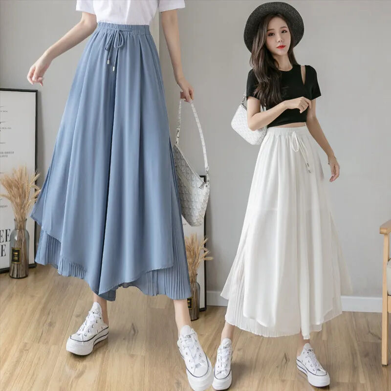 Quần Ống Rộng Lụa Lạnh Chiffon Chiffon 9 Tấc, Quần Váy Kiểu Mỏng 2022 Mùa Hè Cho Nữ, Quần Mặc Thường Ngày Bay Bổng Xếp Ly Cạp Cao Cảm Giác Rủ Xuống