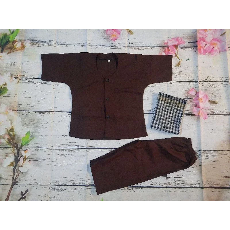 (8-30kg) Bộ bà ba nâu kate kèm khăn rằn cho bé