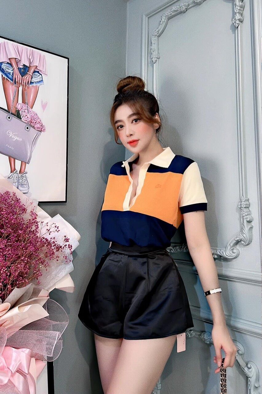 thun polo cá sấu cổ bẻ phối màu xanh cam đen