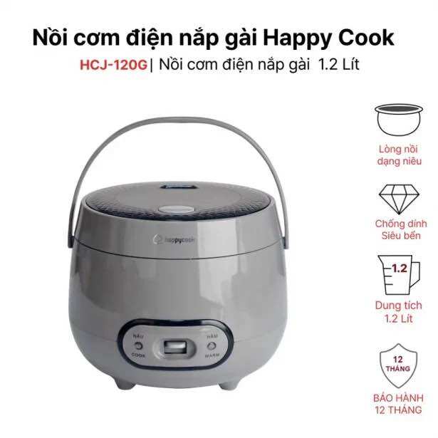Nồi cơm điện nắp gài happy cook hcj-120g,dung tích 1,2l quai xách tiện lợi