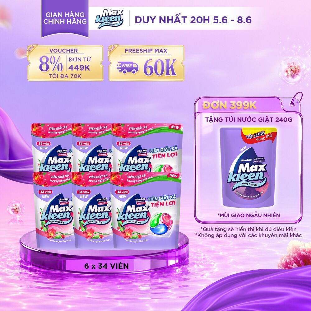 Combo 6 Túi viên giặt xả MaxKleen hương Ngày Thư Thái (34 viên/ túi)
