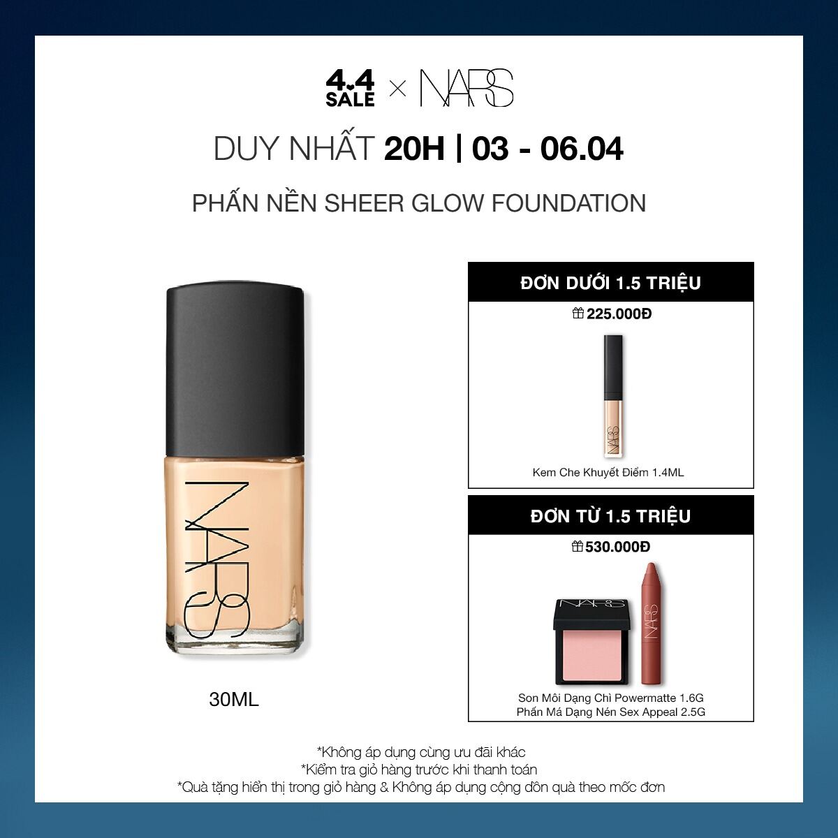 [15.01-10.02 | MUA LÀ CÓ QUÀ] Phấn nền dạng lỏng NARS Sheer Glow Foundation 30ml