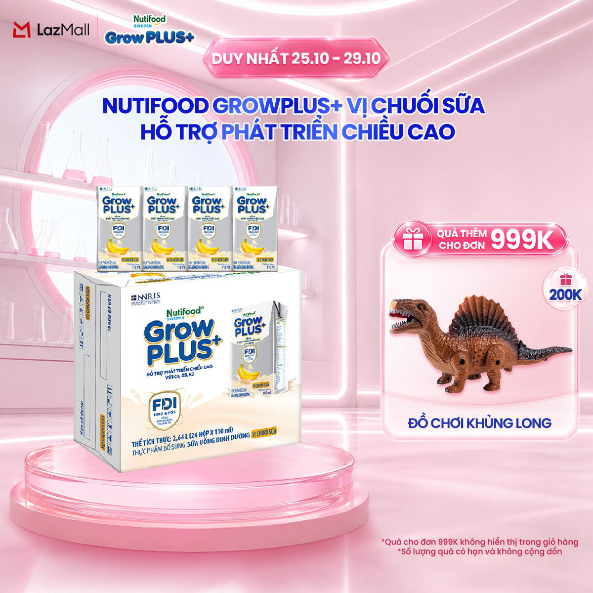 Thùng 24 hộp Sữa bột pha sẵn Nutifood Sweden GrowPLUS+ Vị Chuối Sữa hộp 110ml - Hỗ trợ phát triển chiều cao -  (24 hộp x 110ml)