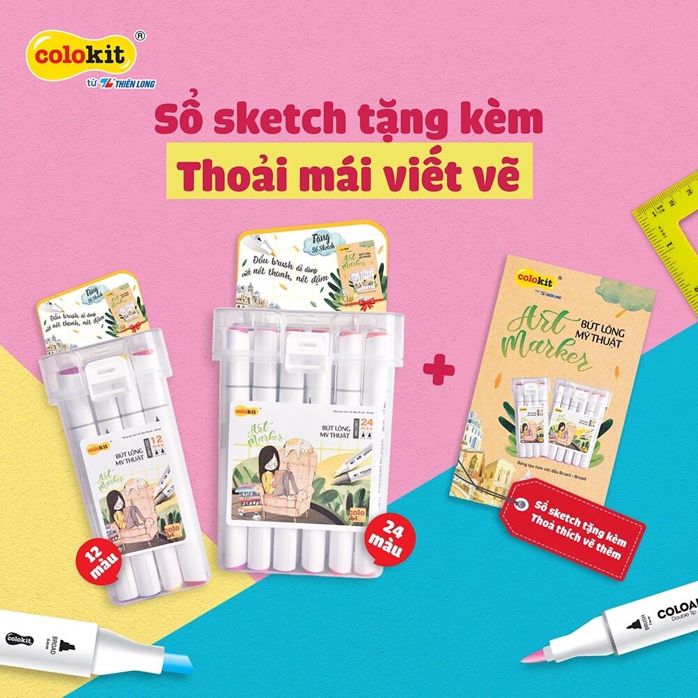 Bút màu dạ Art Marker Thiên Long Colokit - Tặng sổ Sketch- Bộ 12/24 màu- Bút màu dạ 2 đầu siêu đẹp dùng cho caligraphy