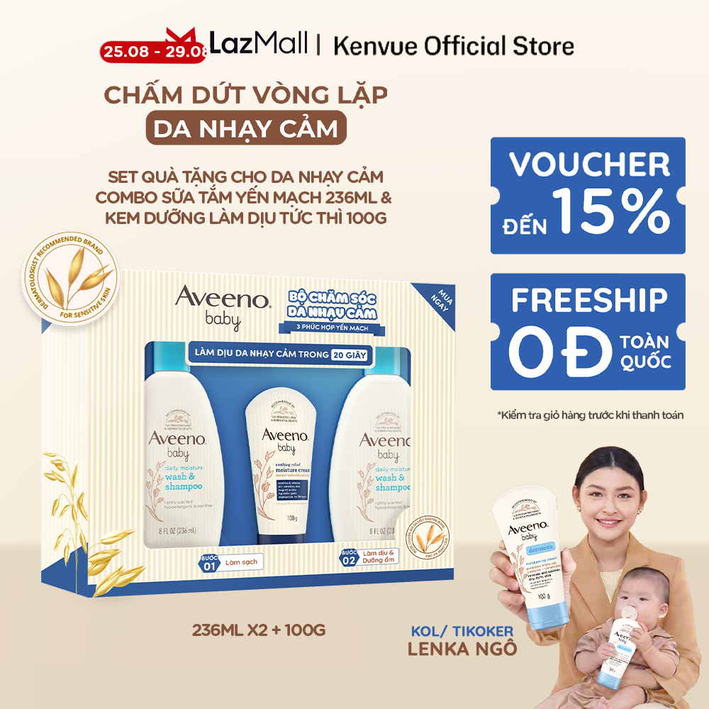 Bộ Dự Sinh Aveeno Baby - Sữa Tắm Yến Mạch 236ml x2, Kem Dưỡng Ẩm Tức Thì 100g