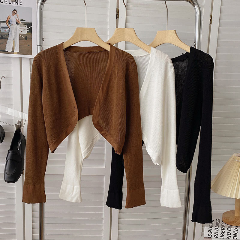 Áo Khoác Cardigan Dệt Kim Màu Đen Cho Nữ Mùa Thu 2024 Áo Khoác Ngoài Tay Dài Ngắn Màu Trơn Đa Năng Phong Cách Hàn Quốc Áo Khoác Ngoài