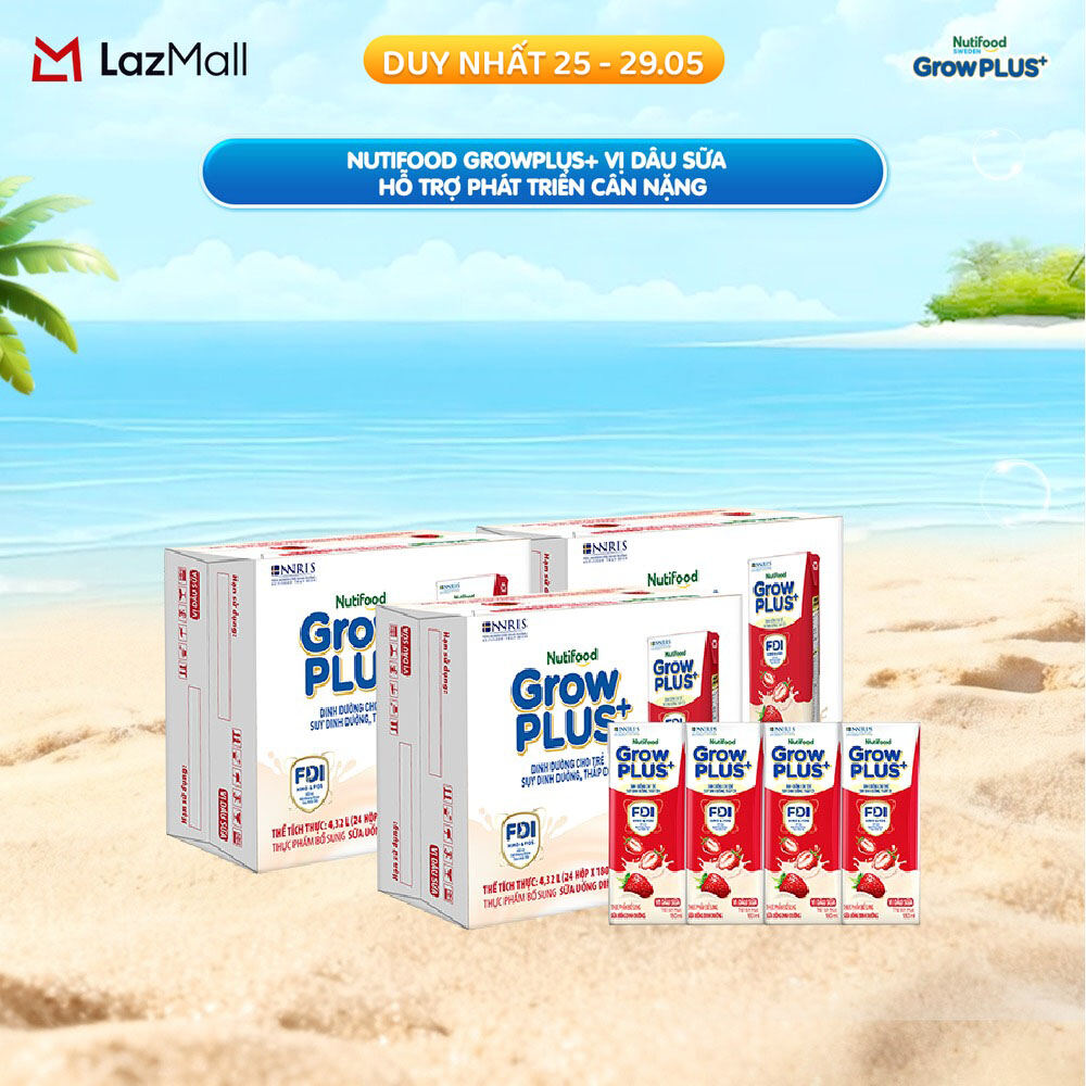 Combo 3 Thùng 24 hộp Sữa nước pha sẵn Nutifood GrowPLUS+ Vị Dâu Sữa hộp 180ml - Hỗ trợ phát triển cân nặng