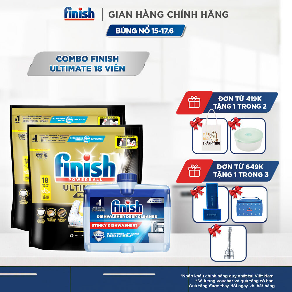 Combo 2 Túi Rửa Chén Bát Finish Powerball Ultimate Plus Intensive Lemon Sparkle 18 Viên + Dung Dịch Vệ Sinh Máy Finish 250ml