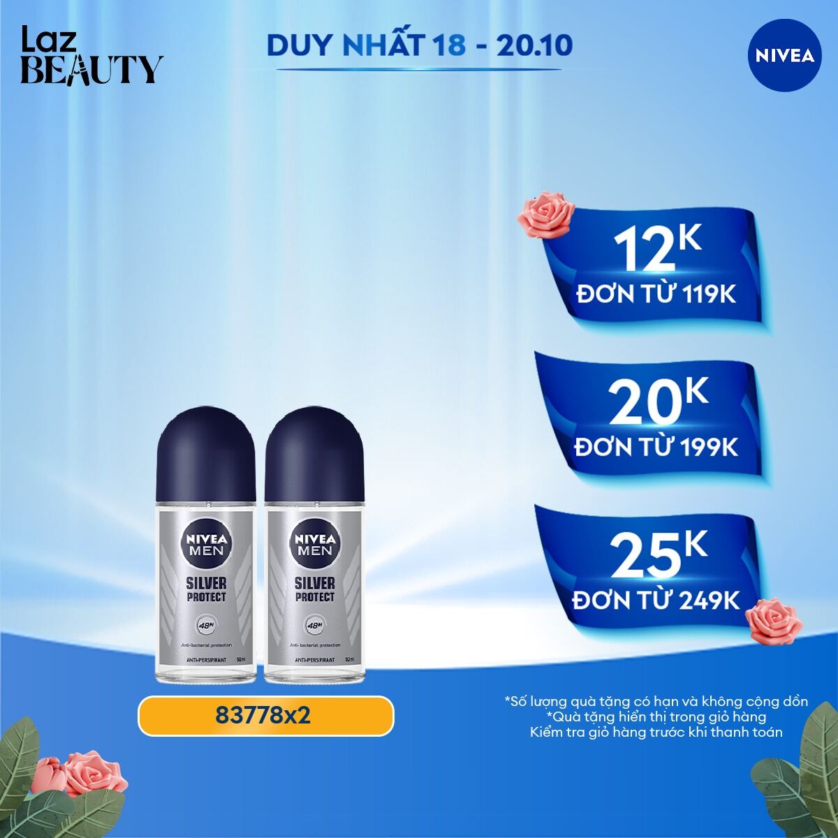 Bộ 2 Lăn Ngăn Mùi NIVEA MEN Silver Protect Phân Tử Bạc Giảm 99.9% Vi Khuẩn Gây Mùi (50 ml) - 83778x2