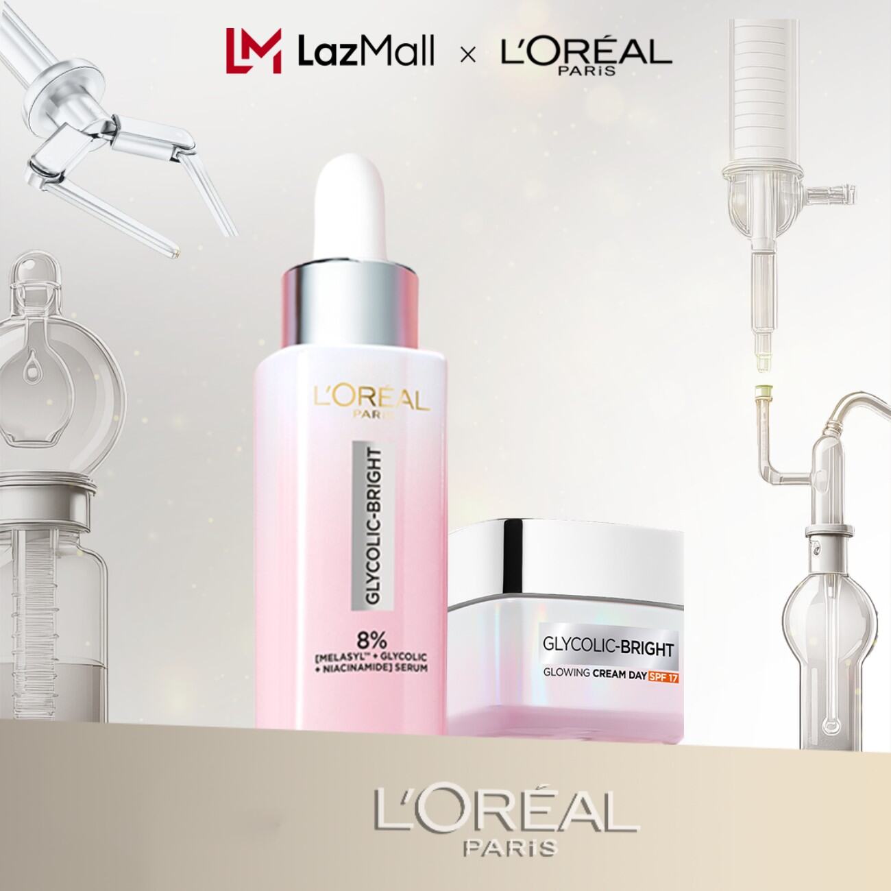 Bộ Serum và Kem dưỡng ban ngày sáng mờ thâm nám L'Oreal Paris Glycolic Bright 8% [Melasyl+Glycolic+Niacinamide] SPF 30