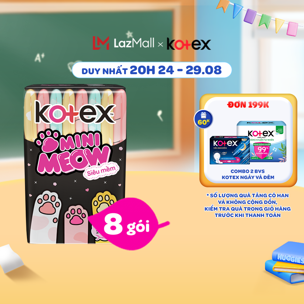 Combo 8 gói Băng vệ sinh Kotex MiniMeow Siêu mềm siêu mỏng cánh