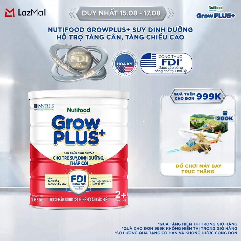 Sữa bột Nutifood GrowPLUS+ Suy Dinh Dưỡng (Đỏ) 2+ - Hỗ trợ tăng cân tăng chiều cao (Lon 165 Kg)