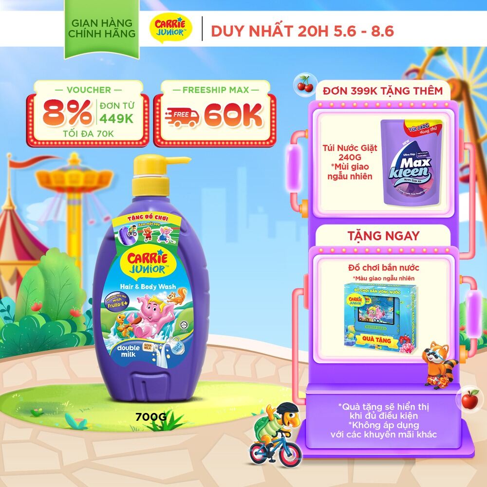 [Tặng Kèm Súng Bắn Nước] Sữa Tắm Gội cho bé Carrie Junior Hương Nho/Dưa lưới/Cherry/Mơ tây/Tinh chất sữa/Táo 700g