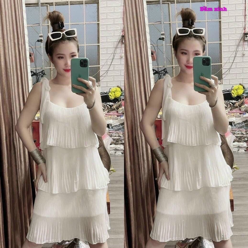 Đầm dập ly 3 tầng vải voan cột vai
