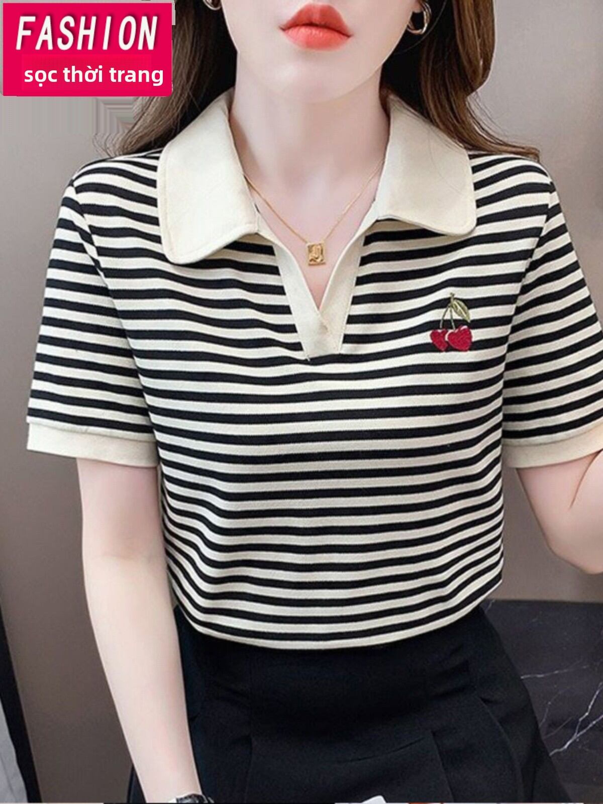 QIAOXIZI | Áo Thun Polo Cổ Trụ Sọc Giảm Cân Kích Cỡ Lớn