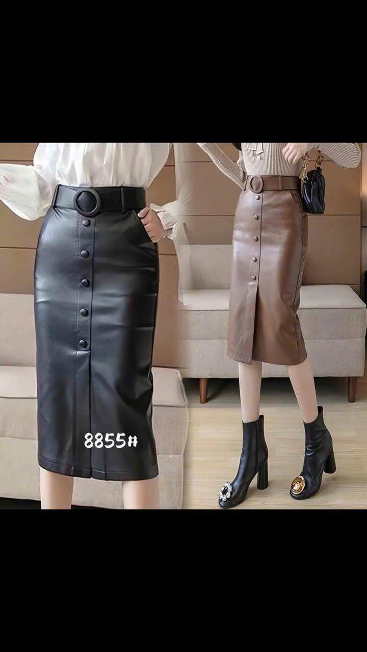 8855 . Chân váy da dáng ôm , dài qua gối , cv dài 63 cm , xẻ trước