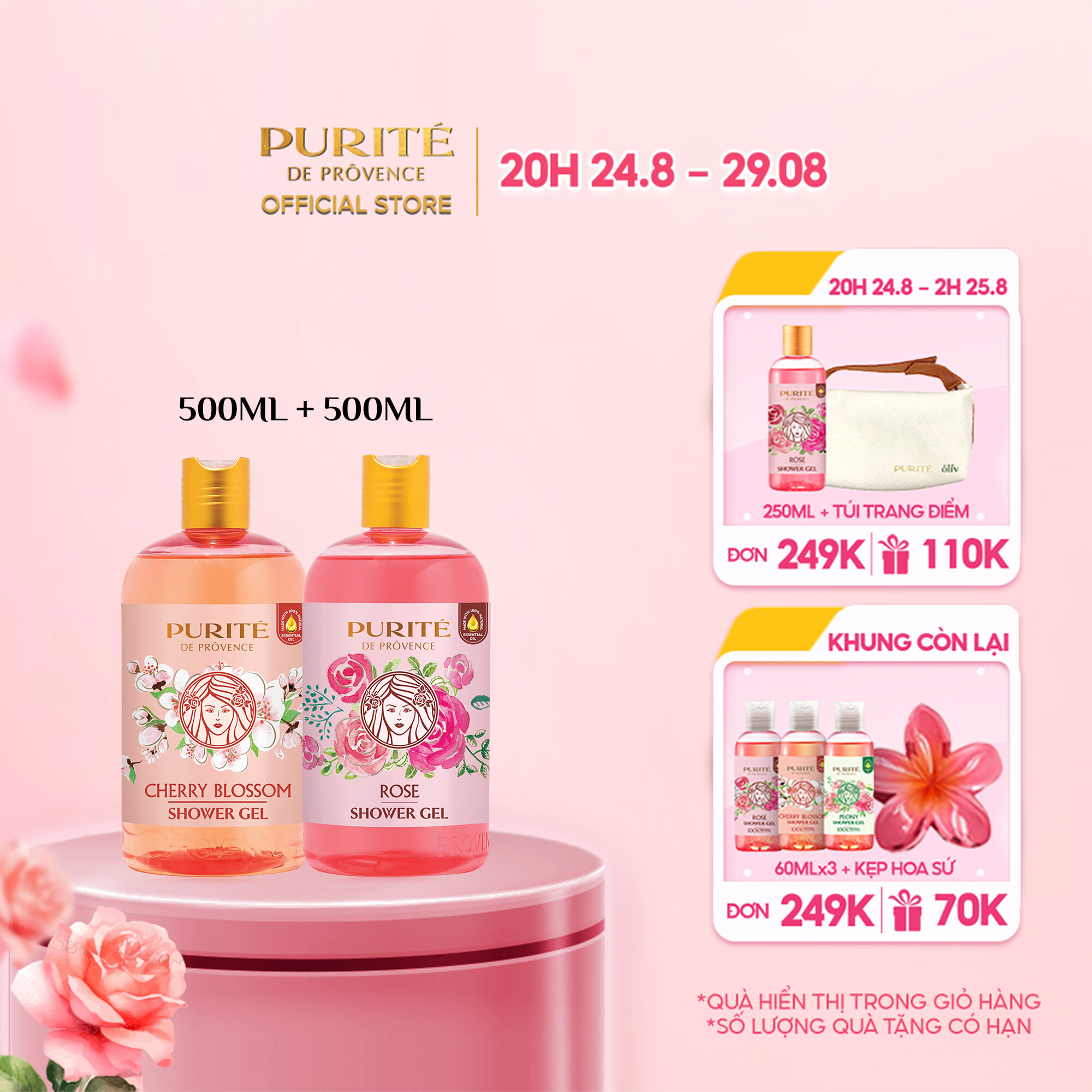 Combo sữa tắm mềm mịn hoa hồng purité 500ml/chai + sáng mịn hoa anh đào 500ml/chai