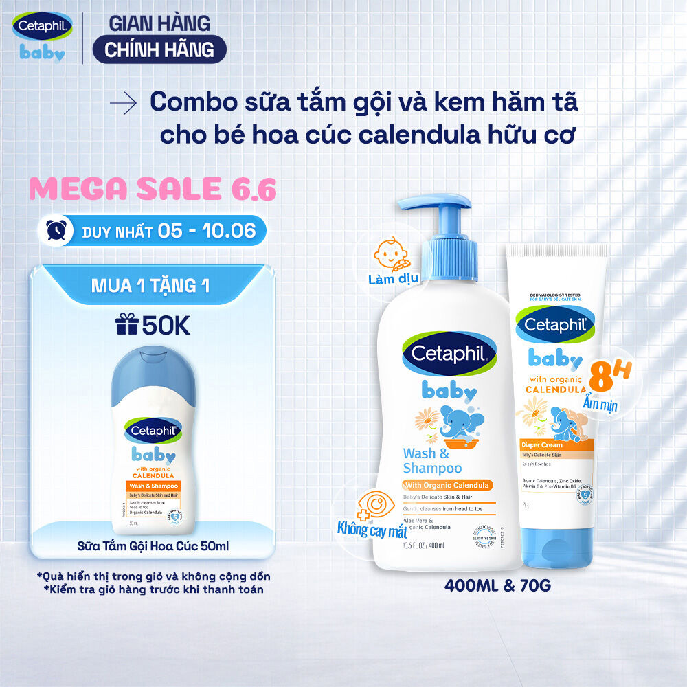 Combo Sữa tắm gội 400ML và Kem chống hăm tã 70G dịu lành cho bé với Calendula hoa cúc hữu cơ