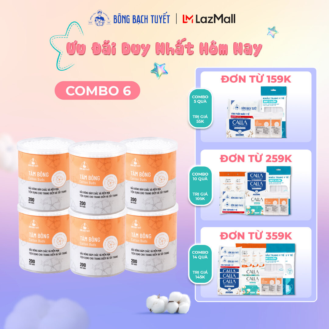 Combo 6 Hộp tăm bông Bông Bạch Tuyết người lớn (200 que/hộp tròn)