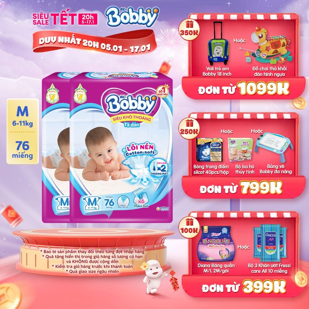 Combo 2 gói Tã dán Bobby Gạo non Giảm nhiệt - M76/L68/XL62/XXL56