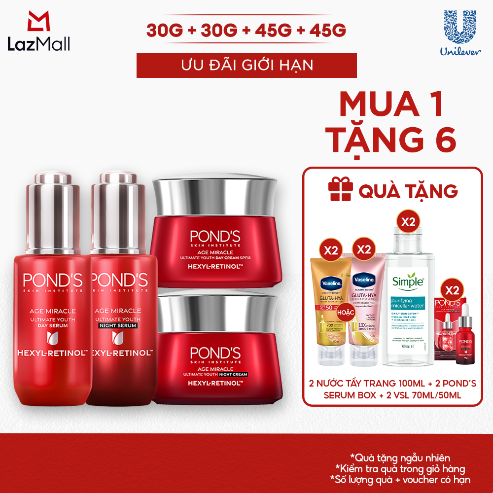 Combo 2 Serum và 2 Kem dưỡng ngày  đêm Pond's Age Miracle mờ đốm nâu, nếp nhăn với 50X Hexyl-Retinol 30G+30G+45G+45G