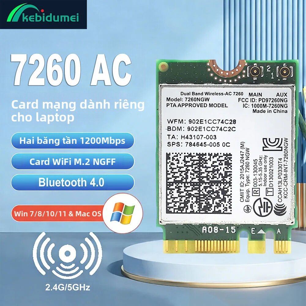 kebidumei | Kebidumei 7260NGW Dual-Band 2.4G/5G WiFi 1200Mbps Thẻ Mạng Không Dây M.2 NGFF Có Bluetooth 4.0 Cho Máy Tính Xách Tay 802.11ac Giá 149,600 Đồng*Miễn phí vận chuyển