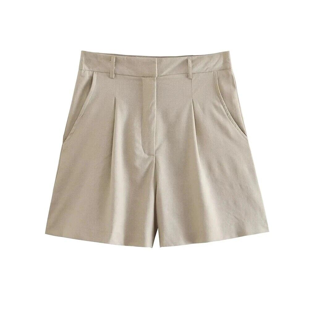 Traf phụ nữ thời trang với túi trước nếp gấp linen pha trộn quần short cổ điển cao eo dây kéo Fly nữ quần ngắn mujer
