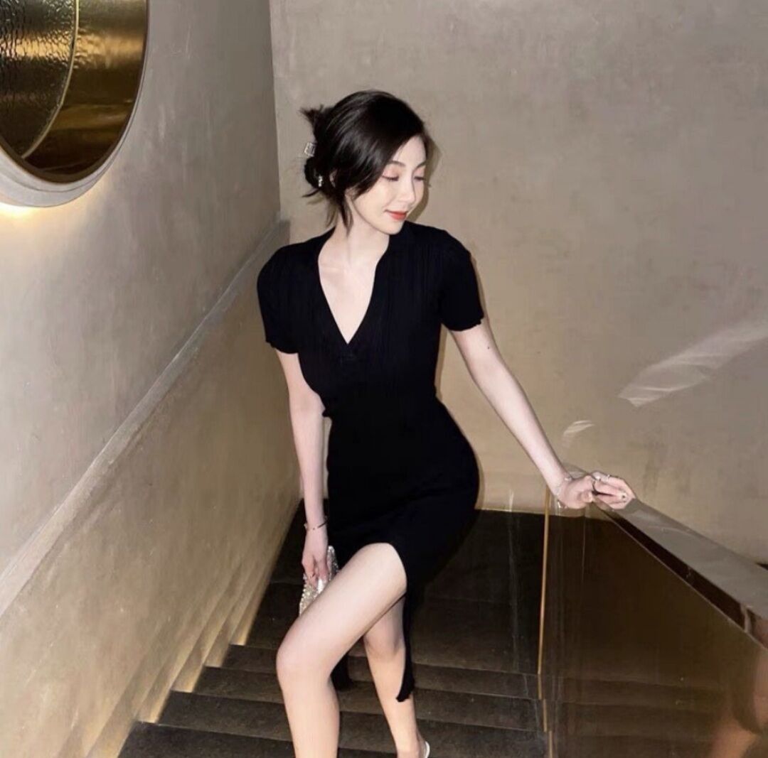 Đầm xẻ tà , cổ sơ mi ôm body dày dặn tôn dáng