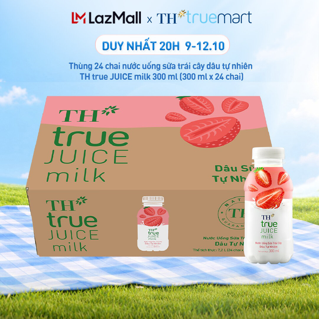Thùng 24 chai nước uống sữa trái cây TH true JUICE milk dâu tự nhiên 300 ml (300 ml x 24)