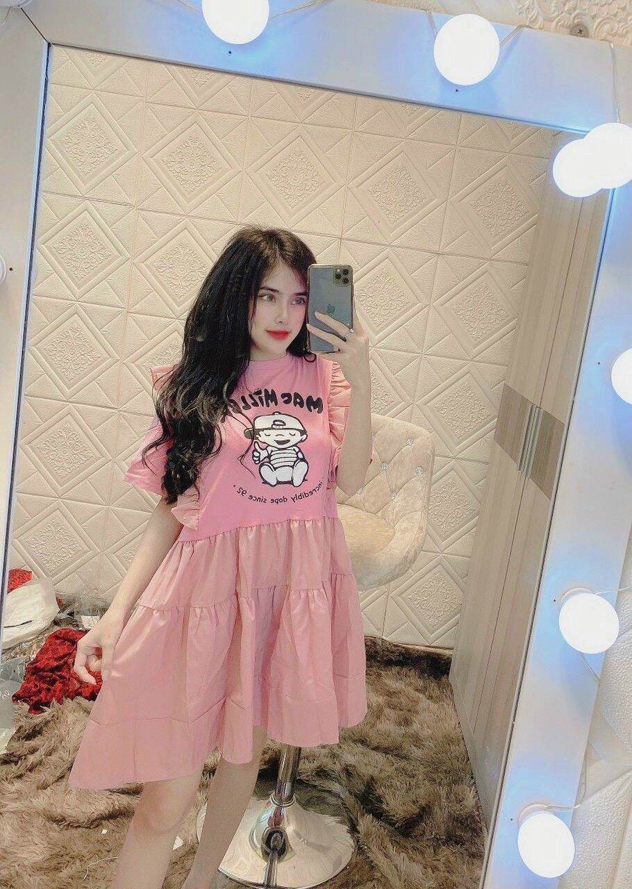 Đầm in hình kute đầm babydoll cổ tròn form suông rộng 52kg