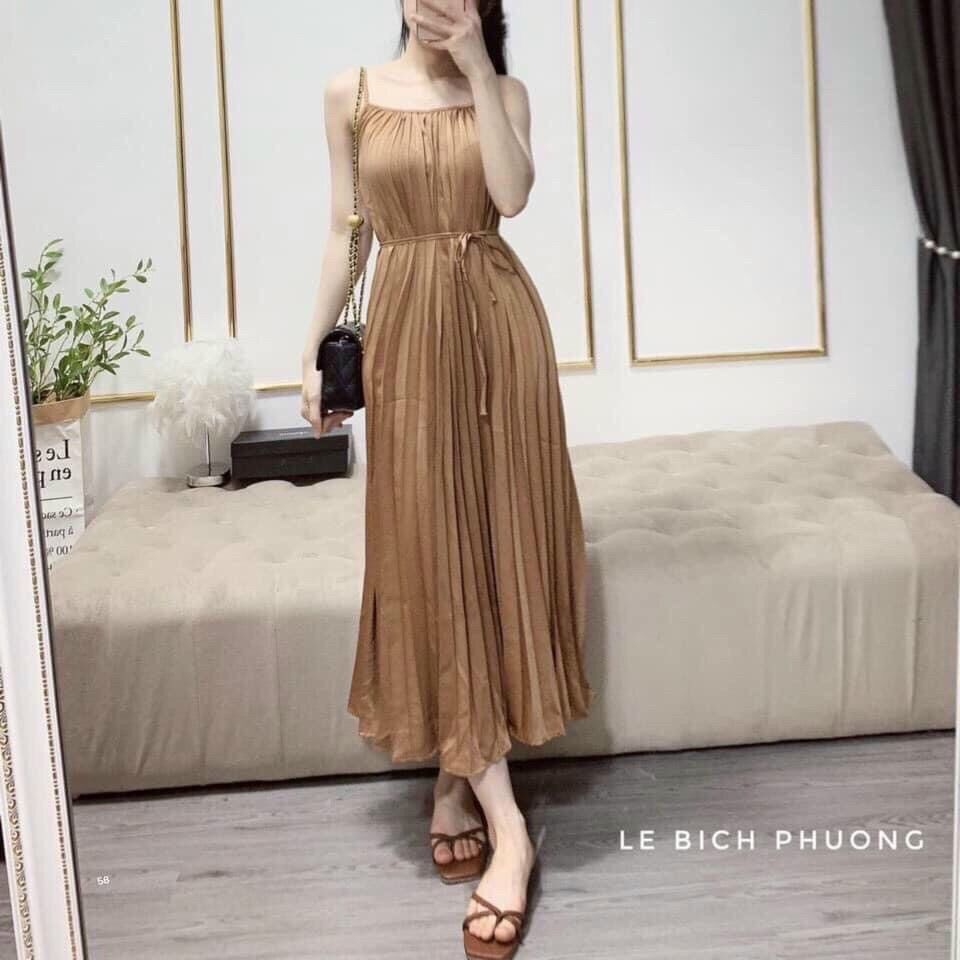 [HCM]Đầm maxi hai dây dập ly chất phi bóng ( ảnh thật )