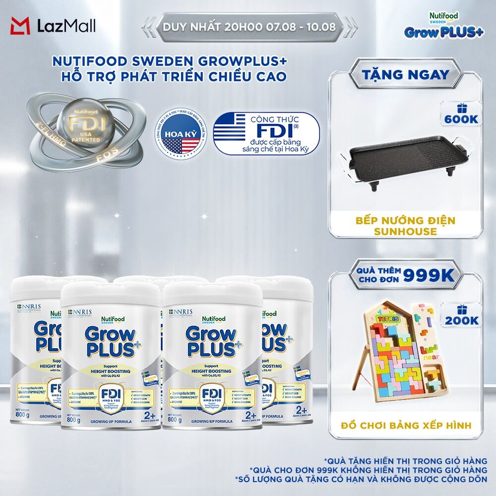 Combo 5 Sữa Bột Nutifood Sweden GrowPLUS+ Cao lớn vượt trội - Hỗ trợ phát triển chiều cao trên 2 tuổi (Bạc) 800g