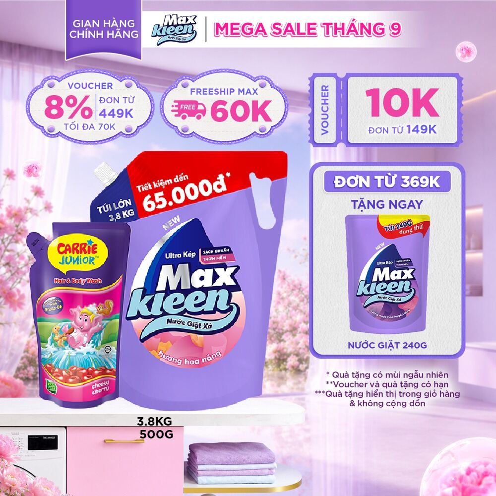 Combo Túi nước giặt MaxKleen 3.8kg + Túi sữa tắm cho bé Carrie Junior hương Cheeky Cherry 500g