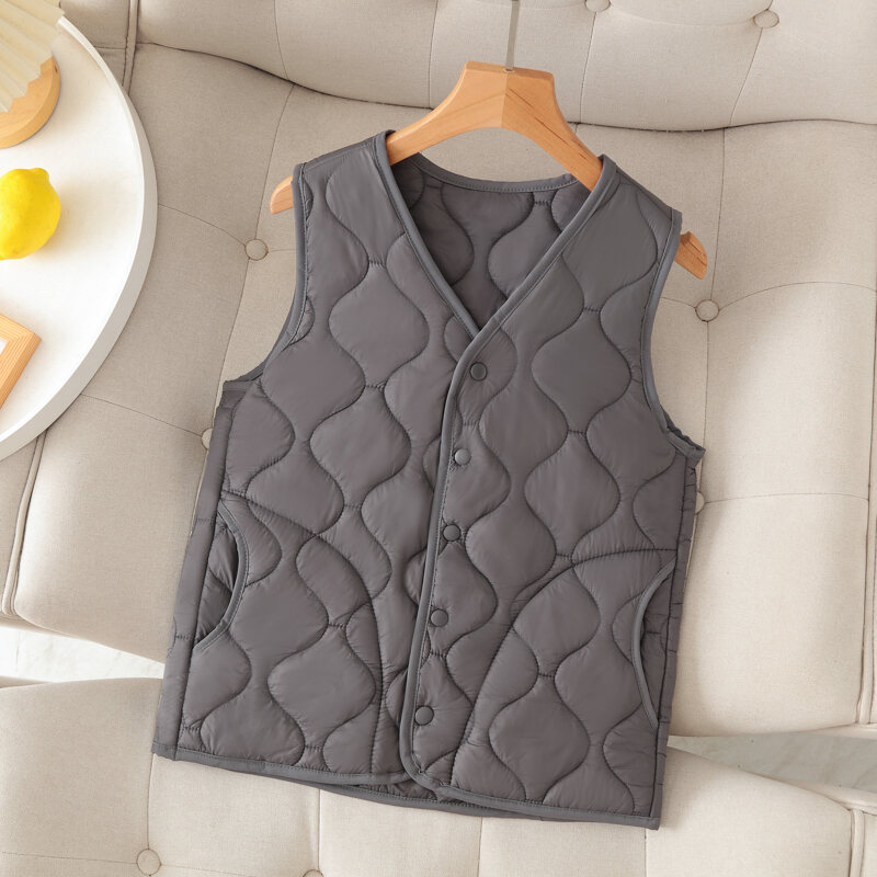 Nhẹ Cổ Chữ V Bông Lông Vũ  Áo Hai Dây Cỡ Lớn Nữ Áo Khoác Cộc Tay Không Tay Bền Bỉ Polyester Nút Đơn 