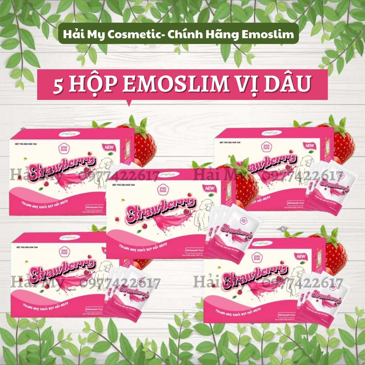 COMBO 5 Hộp Giảm Cân Emoslim Vị Dâu Siêu Ngon, Dễ Uống, Chính Hãng Kèm quà