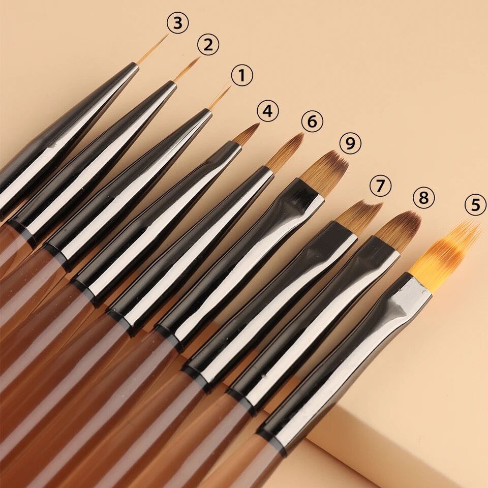Bộ 9 cây cọ vẽ nail cán nâu - Cọ vẽ móng chuyên dụng