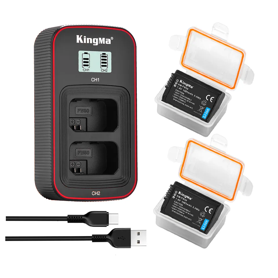 Sony FW50 NP-FW50 Kingma - Bộ 2 Pin 1 Dock Sạc đôi Sony Alpha ZV-E10 A7 A72 A7R A7R2 A7S A7S2 A6500 