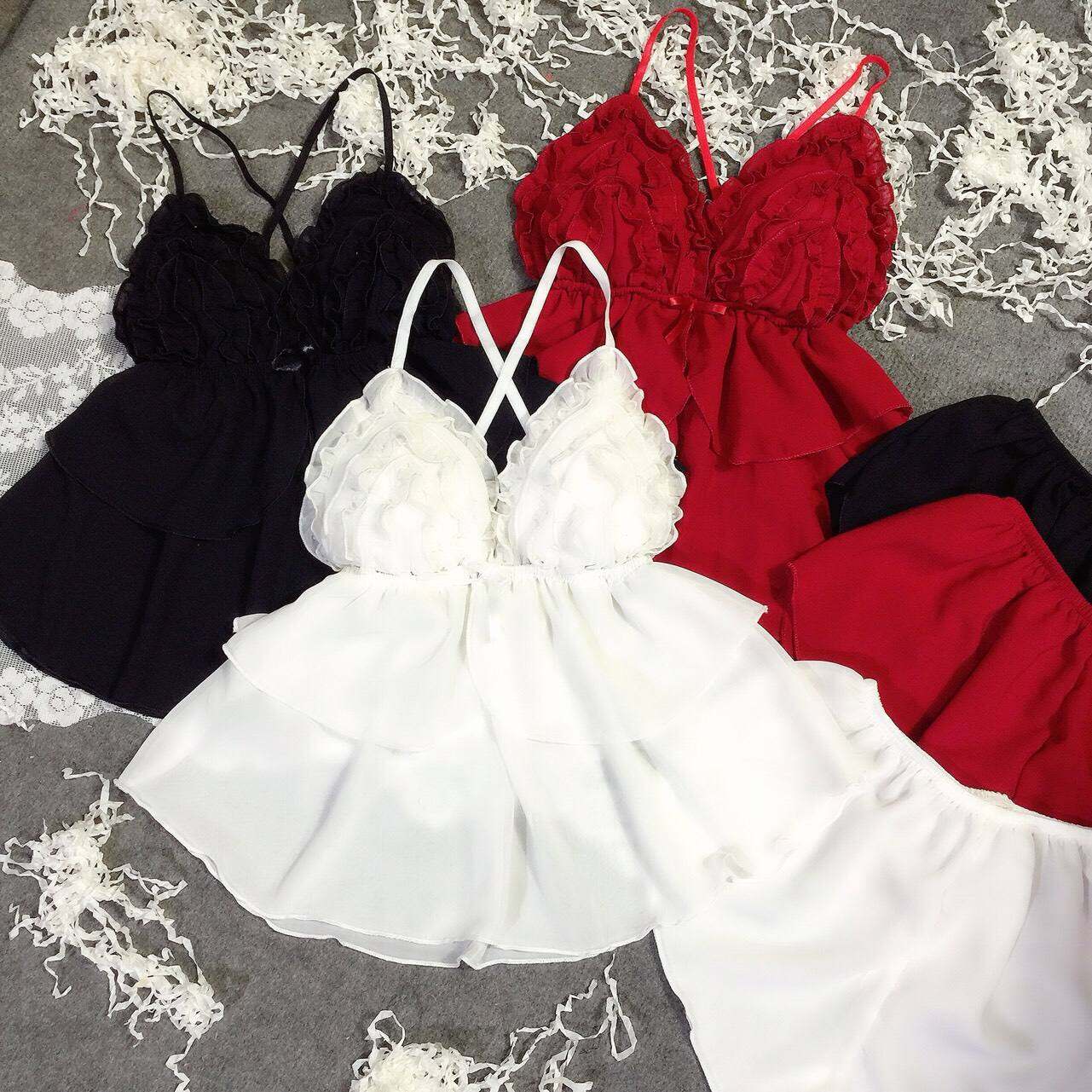 Đồ ngủ sexy voan bèo tầng lá sen dây chéo có mút size dưới 55kg