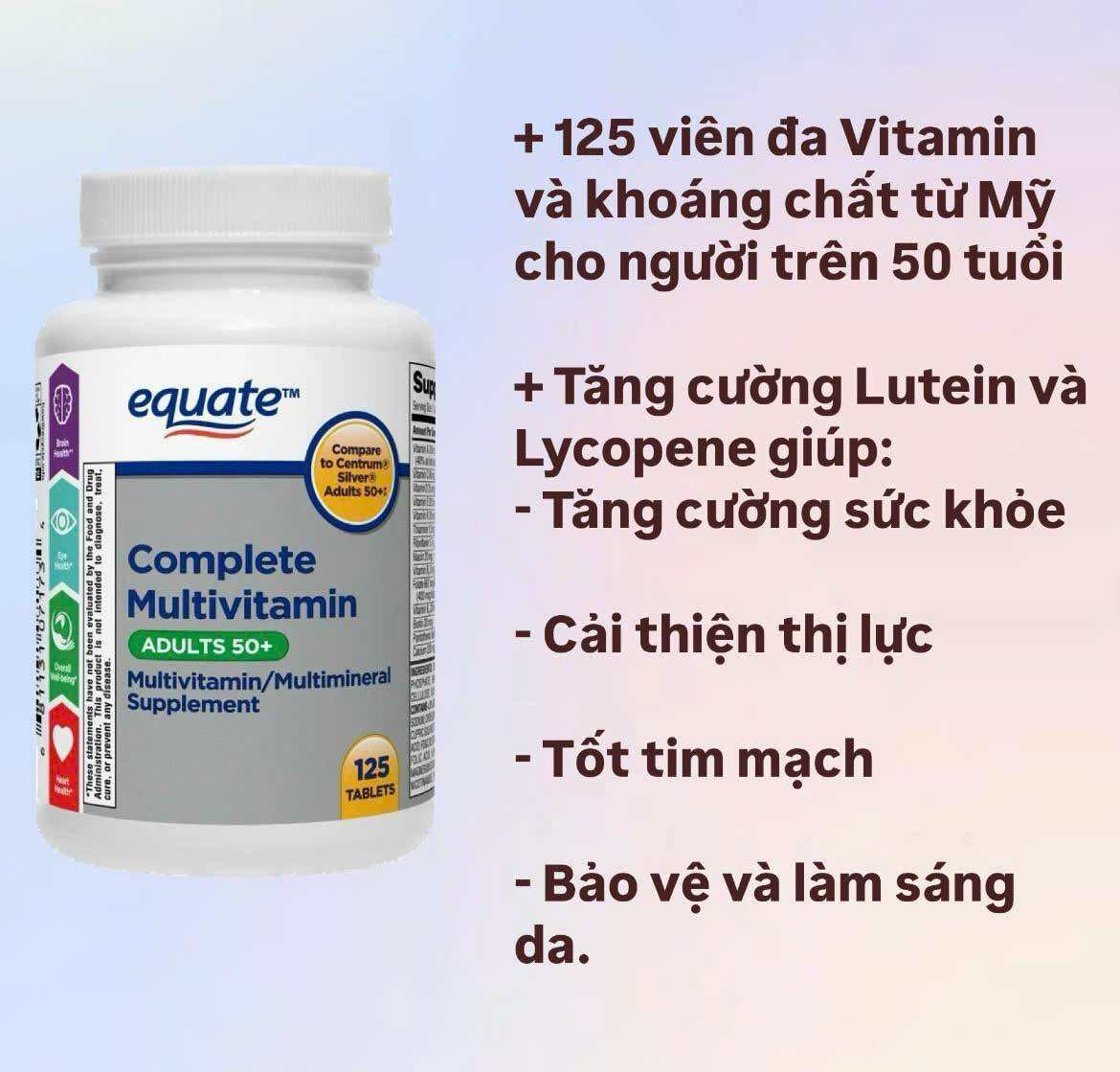 [Equate Vitamin 50+] 125 viên Vitamin tổng hợp cho người 50+/ USA /Cải thiện sức khỏe, tăng thị lực và sáng da