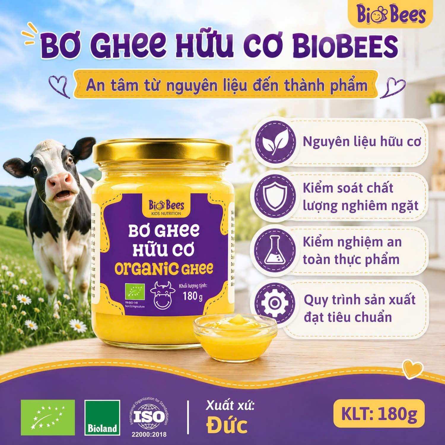 Bơ Ghee hữu cơ BioBees 180g được sản xuất từ 100% bơ sữa hữu cơ chất lượng cao-180g