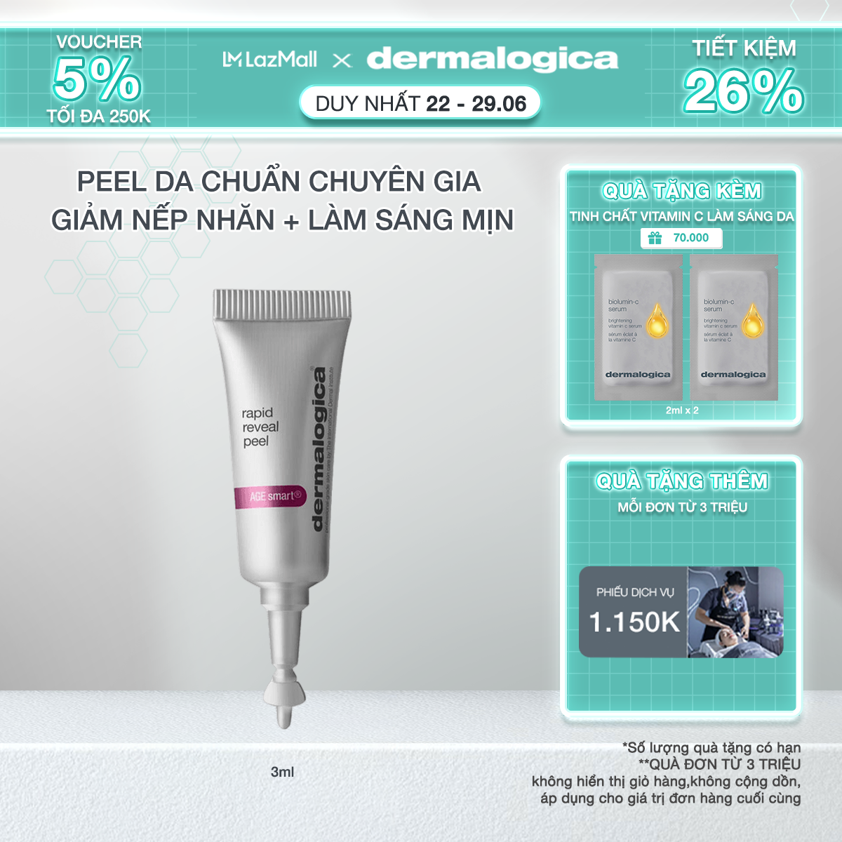 (Phiên bản dùng thử) Tẩy da chết hoá học Dermalogica Rapid reveal peel, làm mượt, làm sáng da (1 tuýp lẻ 3ml)
