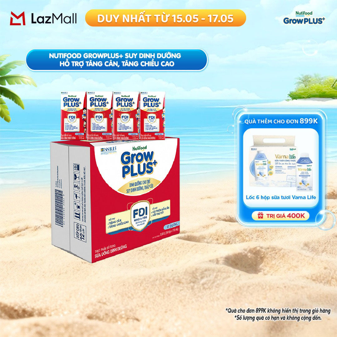 Thùng 24 hộp Sữa Nước Pha Sẵn Nutifood GrowPLUS+ Suy Dinh Dưỡng (Đỏ) - Hỗ Trợ Tăng Cân, Tăng Chiều Cao Ít đường 110ml - Trên 1 tuổi (Bao bì tùy đợt nhập hàng)