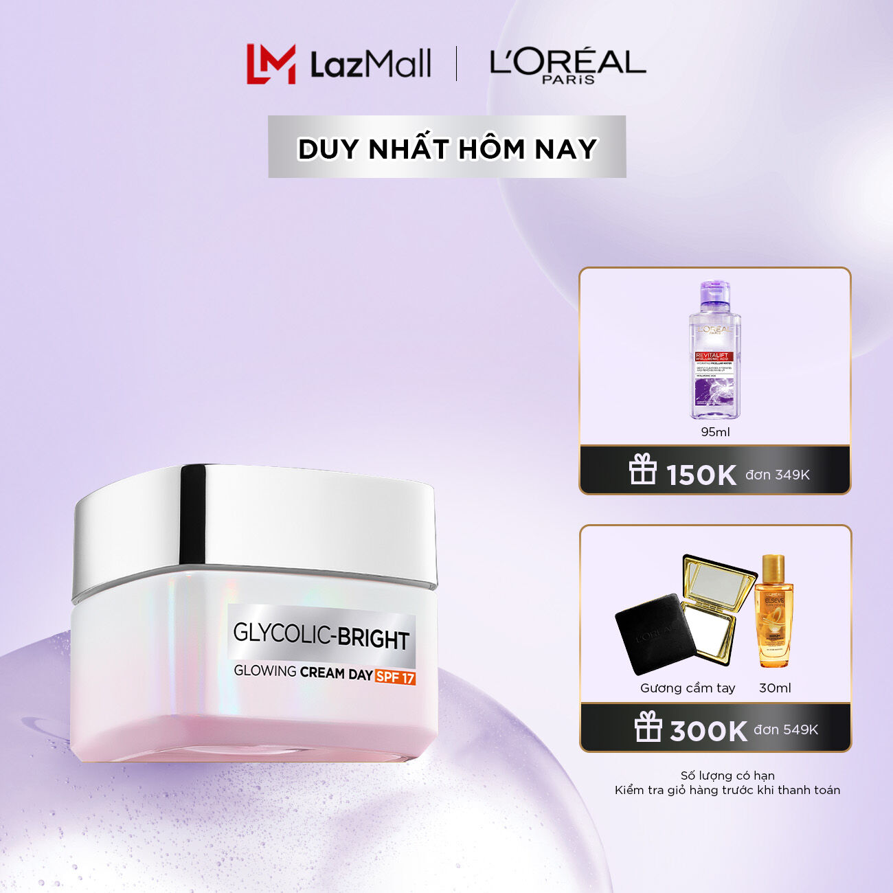 Kem ngày dưỡng sáng mờ thâm nám L'Oreal Paris Glycolic (AHA) Bright SPF 17 50ml