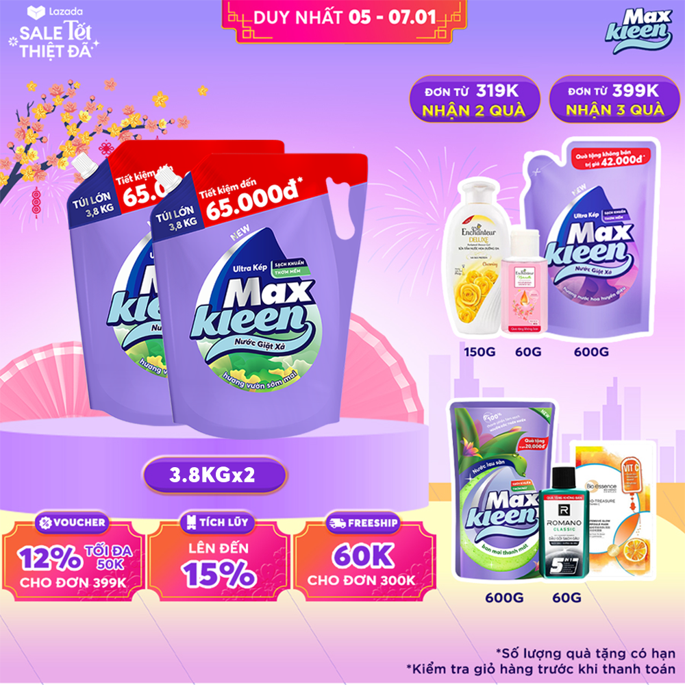 Combo 2 Túi Nước Giặt Xả MaxKleen Hương Vườn Sớm Mai 3.8kg/túi