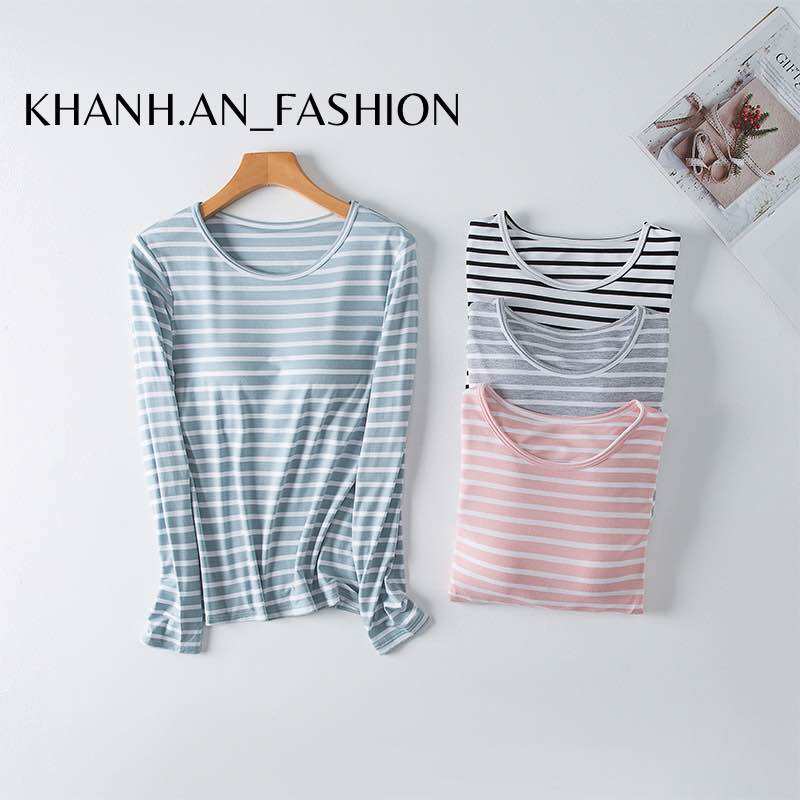 Áo cotton cổ tròn kẻ có lót ngực