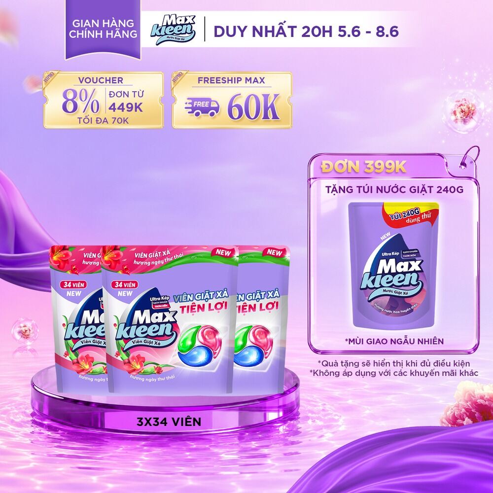 Combo 3 Túi viên giặt xả MaxKleen hương ngày thư thái (34 viên/túi)